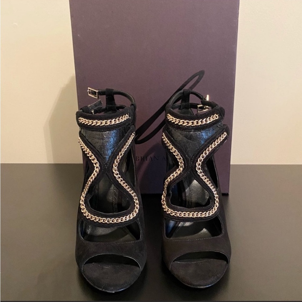 NWOT Brian Atwood Black Suede Heels with Gold Chain & Snakeskin Detail